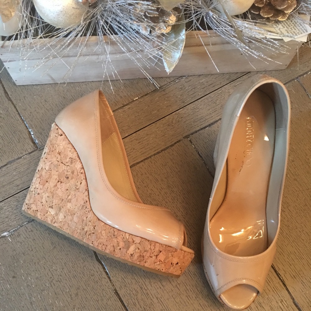 Jimmy Choo patent leather nude wedge